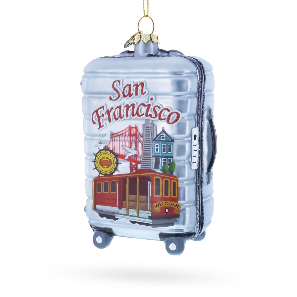 San Francisco Landmarks Suitcase Blown Glass Christmas Ornament  |   Travel Ornaments Travel