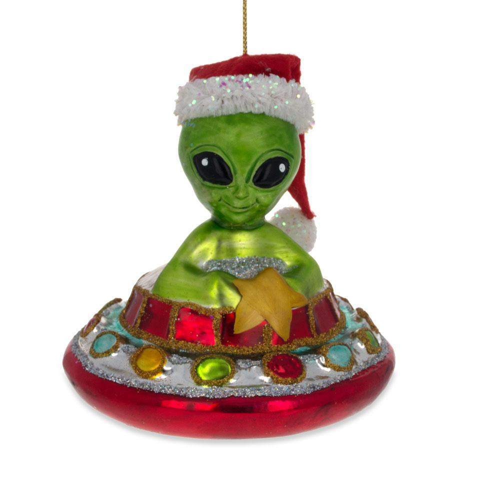 Santa Alien Piloting A Saucer Ufo Glass Christmas Ornament  |   Cosmic Cosmic Cosmic