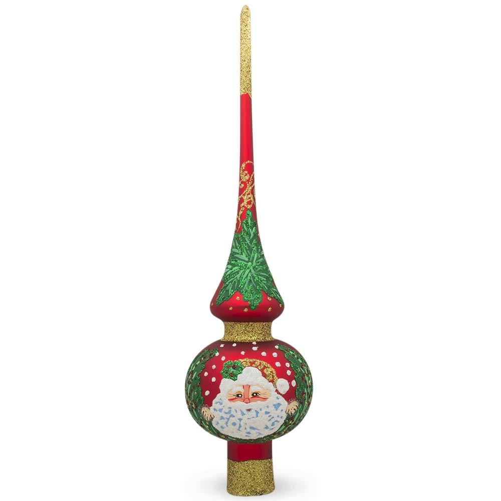 Santa And Mistletoe On Red Mouth Blown Glass Christmas Tree Topper 11 Inches  |   Tree Toppers Ornaments Tree Toppers