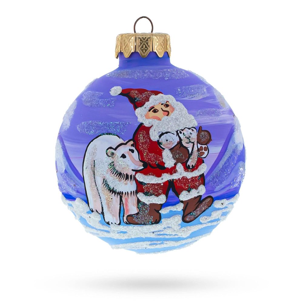 Santa And Polar Bear Festive Blown Glass Ball Christmas Ornament 3.25 Inches  |   Personalized Ornaments Personalized