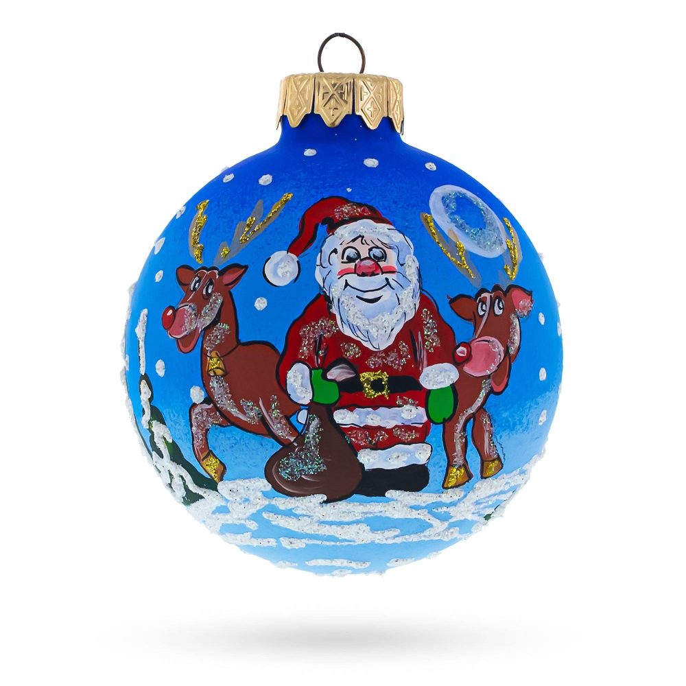 Santa And Reindeer Festive Blown Glass Ball Christmas Ornament 3.25 Inches  |   Personalized Ornaments Personalized