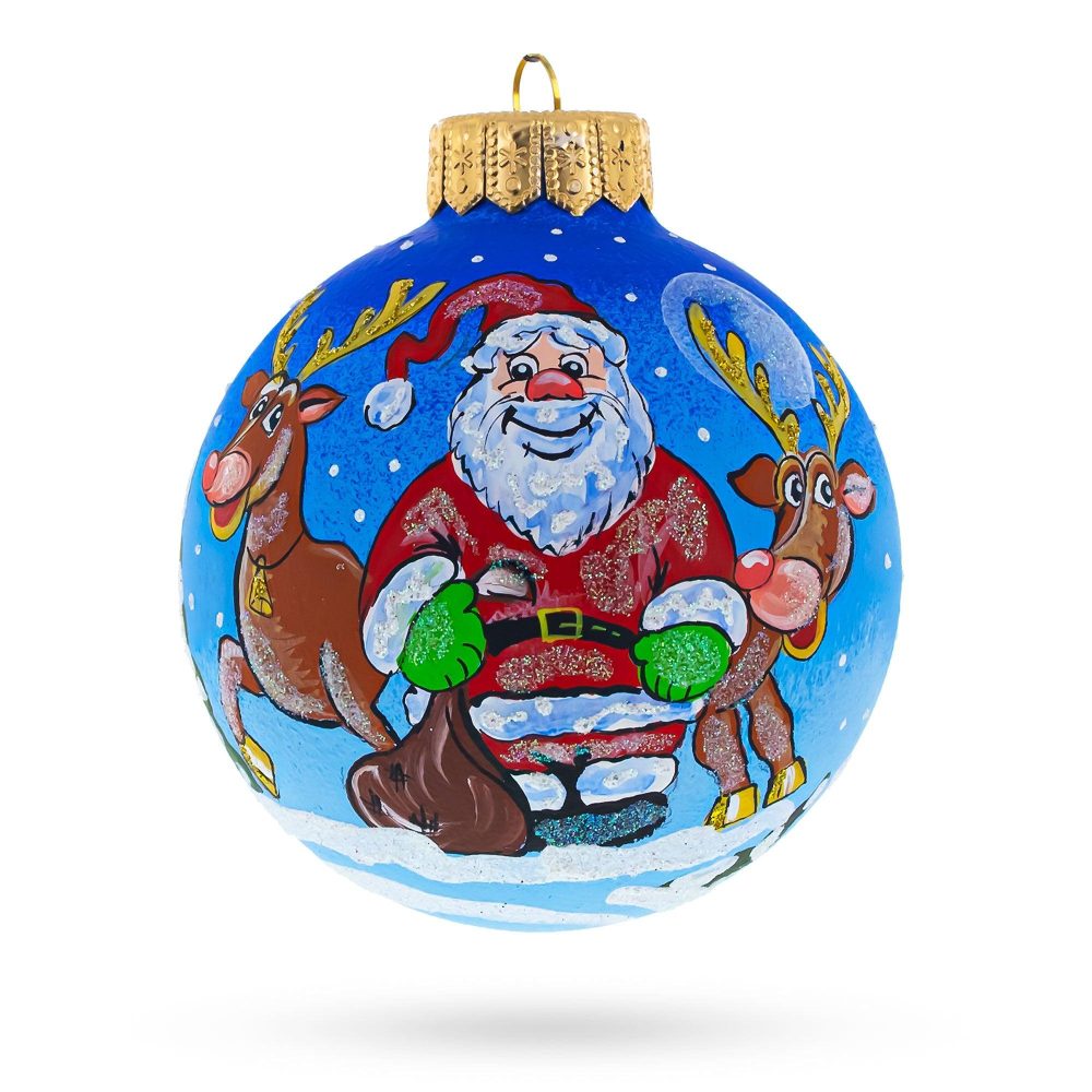 Santa And Reindeer Festive Blown Glass Ball Christmas Ornament 4 Inches  |   Personalized Ornaments Personalized