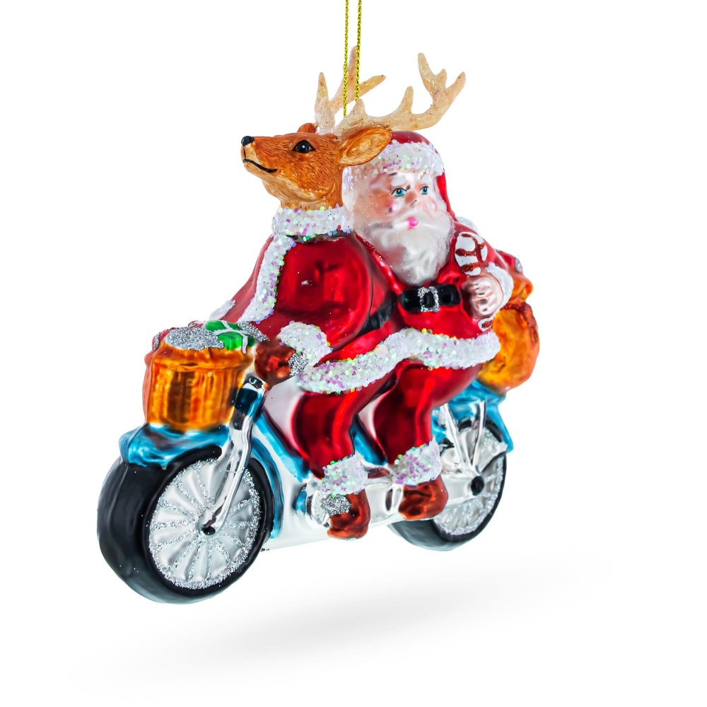 Santa And Reindeer Riding A Tandem Bike Blown Glass Christmas Ornament  |   Personalized Ornaments Personalized