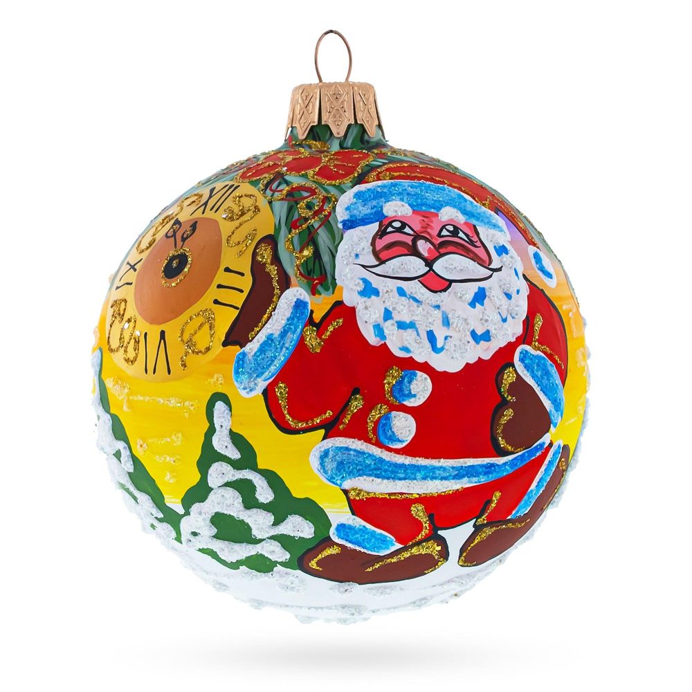 Santa Awaits New Year Holiday Blown Glass Ball Christmas Ornament 3.25 Inches  |   Personalized Ornaments Personalized