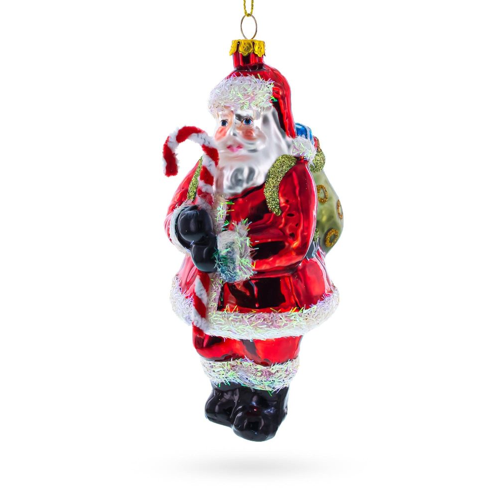 Santa Claus Holding Candy Cane And Gifts Blown Glass Christmas Ornament  |   Personalized Ornaments Personalized