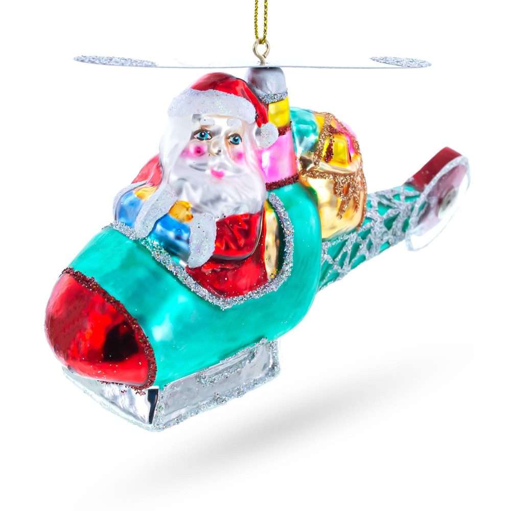 Santa Claus Pilot In Helicopter – Festive Blown Glass Christmas Ornament  |   Personalized Ornaments Personalized