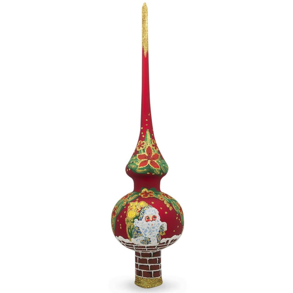 Santa Climbing Down Chimney On Red Mouth Blown Glass Christmas Tree Topper 11 Inches  |   Tree Toppers Ornaments Tree Toppers