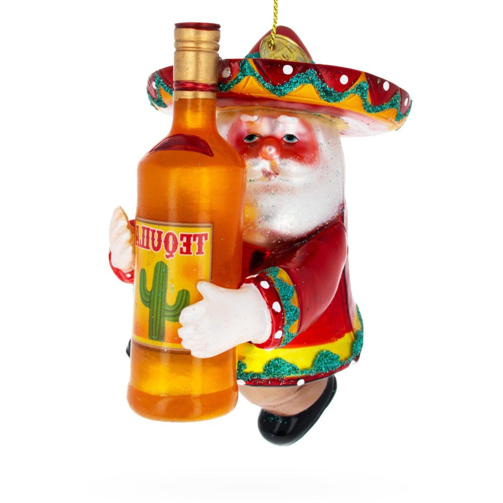 Santa Clutching Tequila Bottle Glass Christmas Ornament  |   Food Food Food