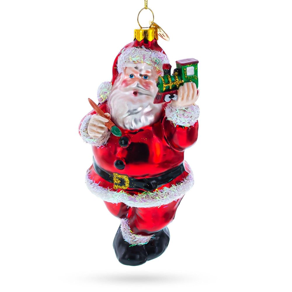 Santa Decorating The Train Blown Glass Christmas Ornament  |   Santa Ornaments Santa