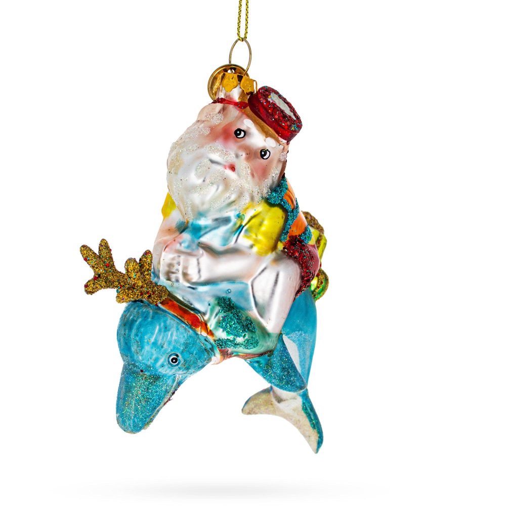 Santa Diver Riding Dolphin Blown Glass Christmas Ornament  |   Hobby Hobby Hobby