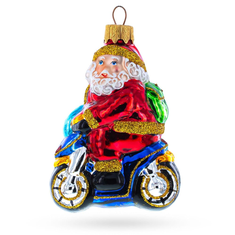 Santa Driving A Blue Car Mini Glass Christmas Ornament  |   Santa Ornaments Santa