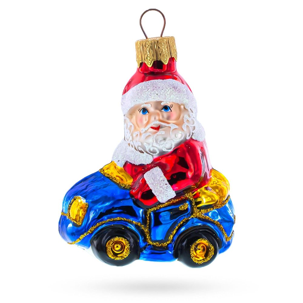 Santa Driving Blue Car Mini Glass Ornaments  |   Santa Ornaments Santa