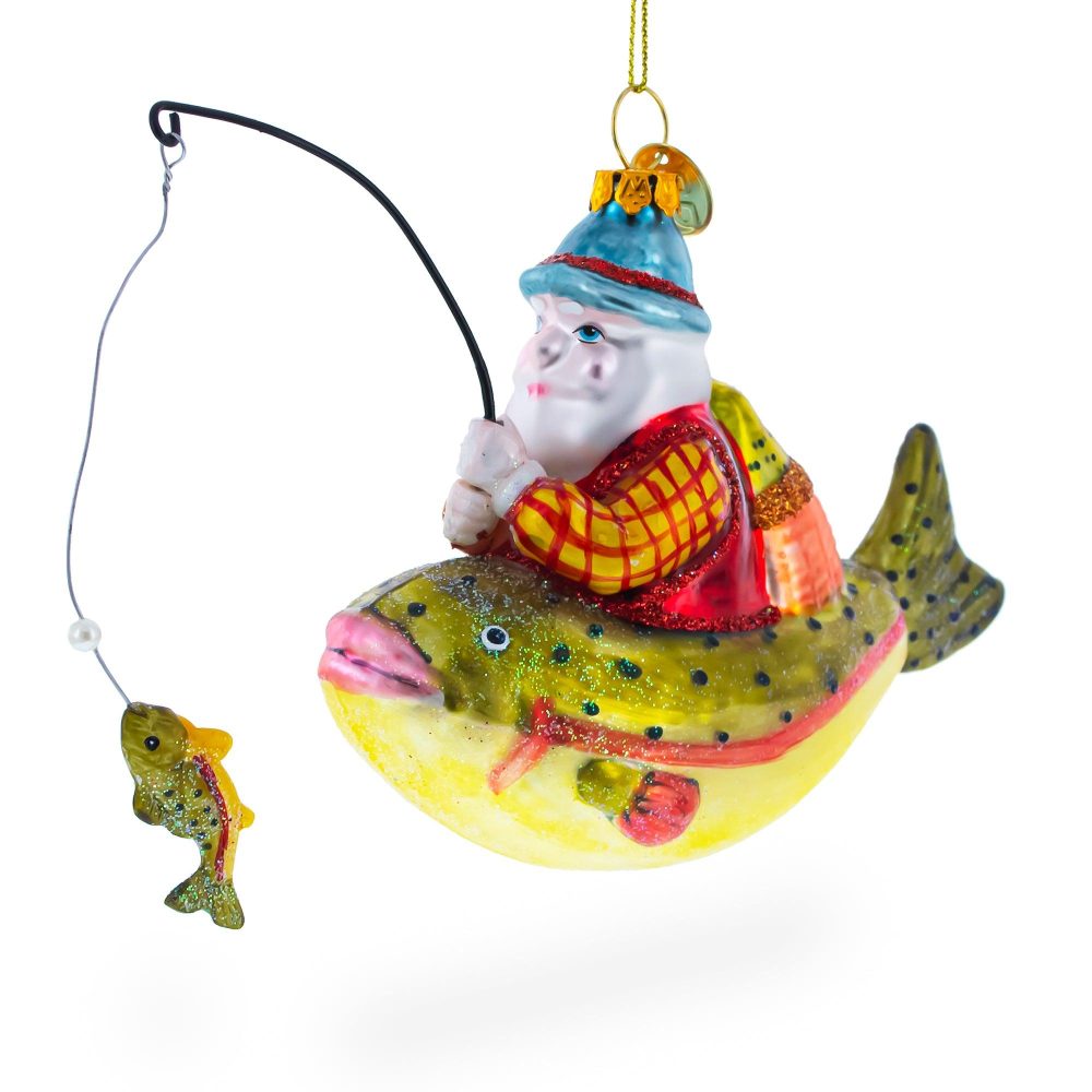 Santa Fishing On Boat Blown Glass Christmas Ornament  |   Hobby Hobby Hobby