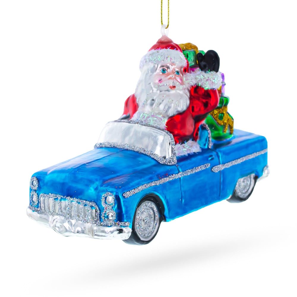 Santa In Convertible Car Loaded With Gifts Blown Glass Christmas Ornament  |   Personalized Ornaments Personalized