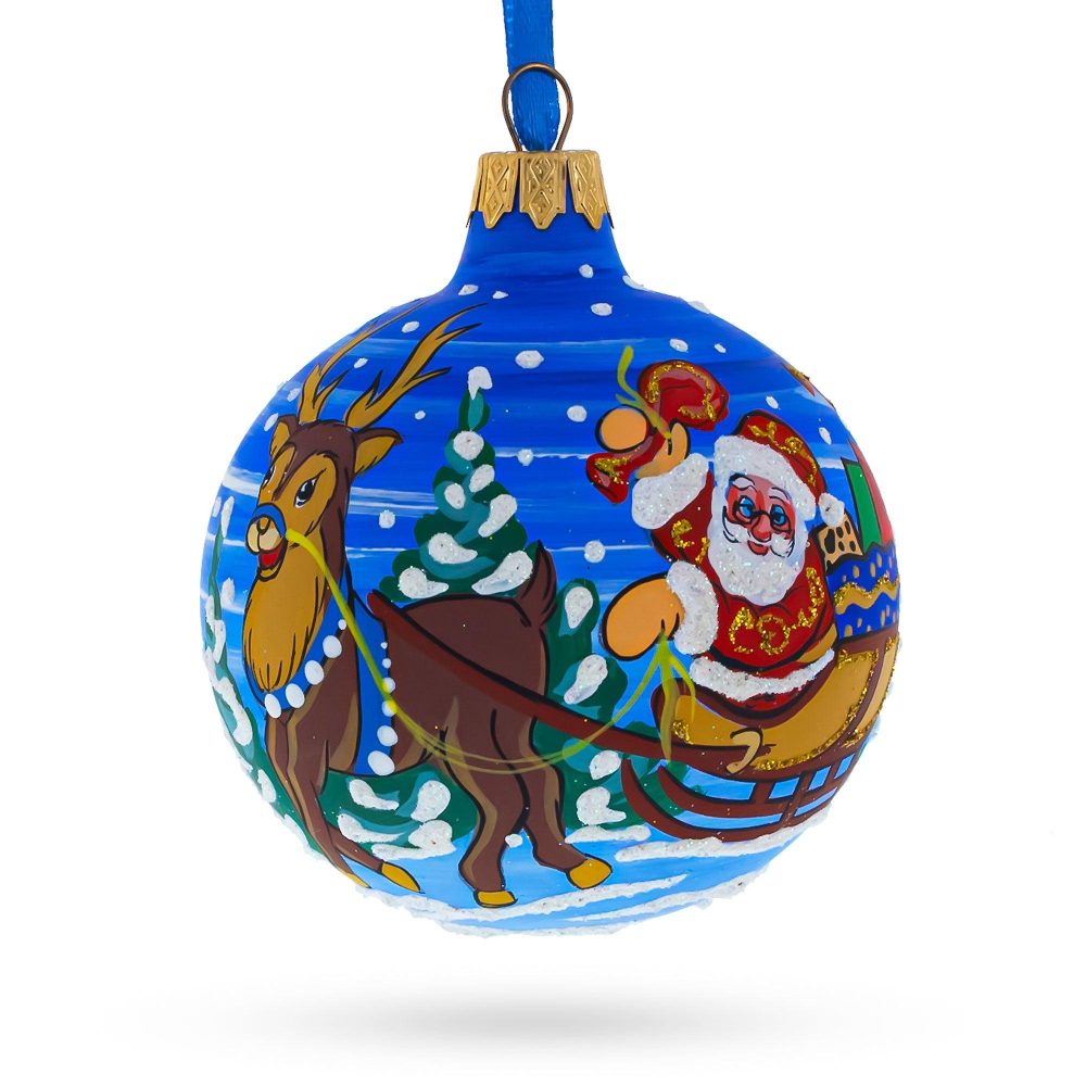 Santa In The Woods Blown Glass Ball Christmas Ornament 3.25 Inches  |   Personalized Ornaments Personalized