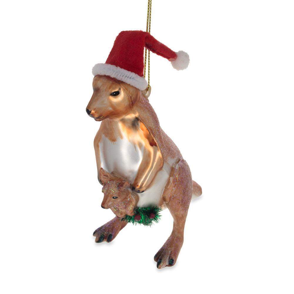 Santa Kangaroo Mom Carrying Baby In Pouch Blown Glass Christmas Ornament  |   Animals Animals Animals