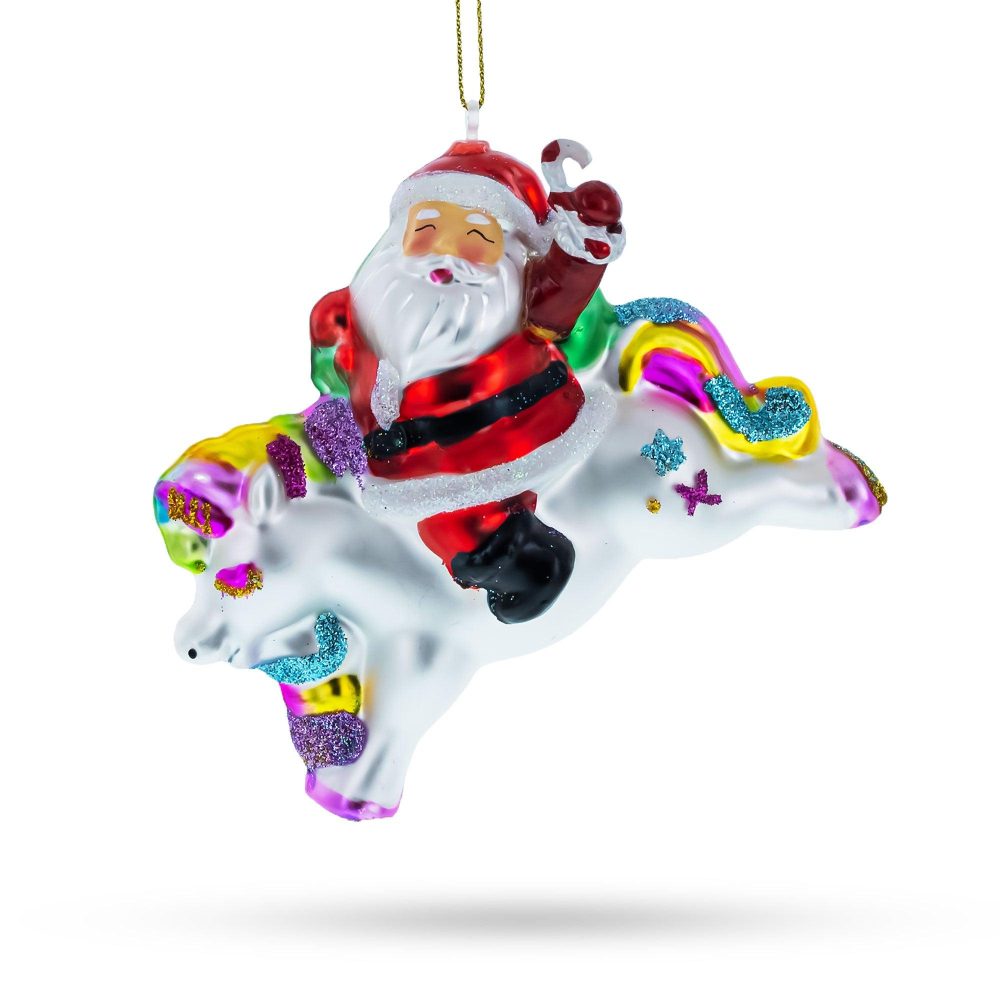 Santa On A Unicorn Blown Glass Christmas Ornament  |   Personalized Ornaments Personalized