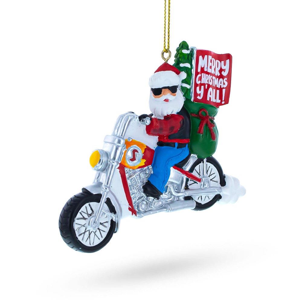 Santa On Festive Motorcycle Resin Christmas Ornament  |   Santa Ornaments Santa