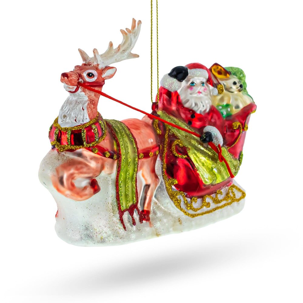 Santa On Festive Sleigh With Reindeer Blown Glass Christmas Ornament  |   Personalized Ornaments Personalized