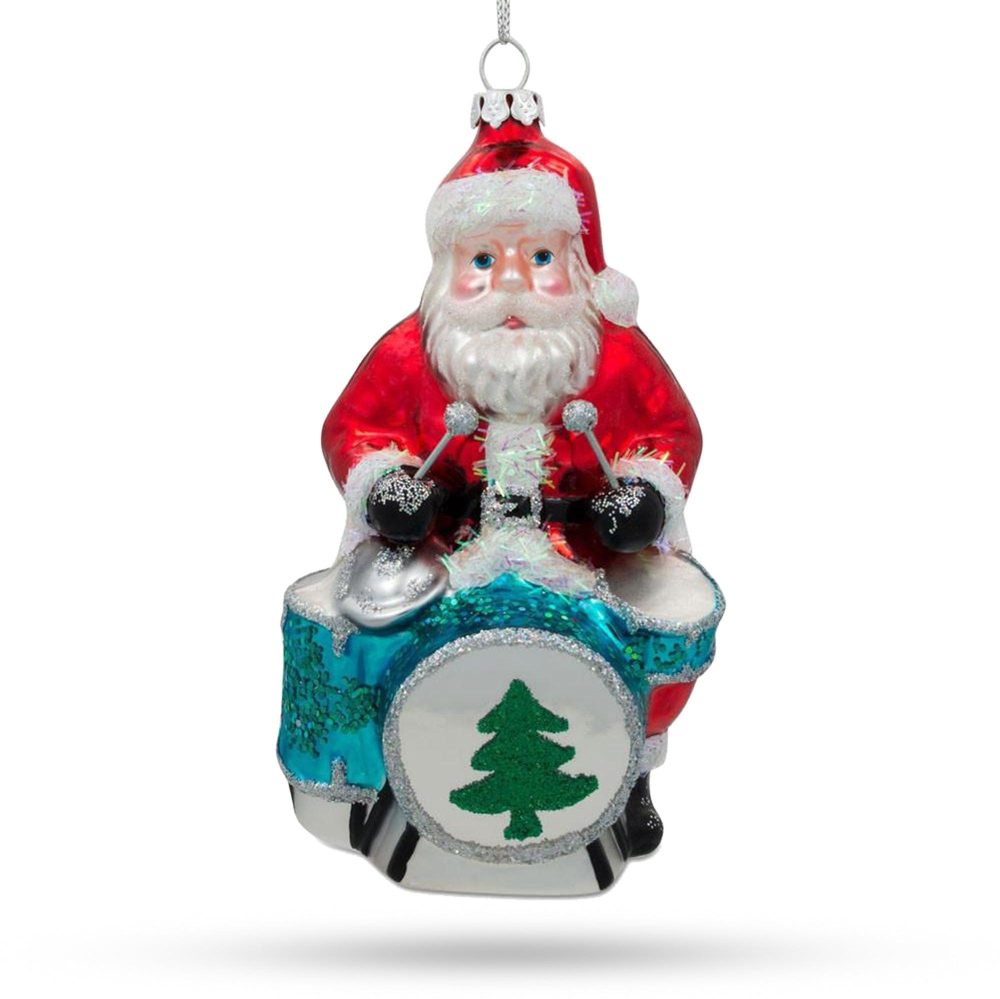 Santa Playing Drums Blown Glass Christmas Ornament  |   Music Music Music