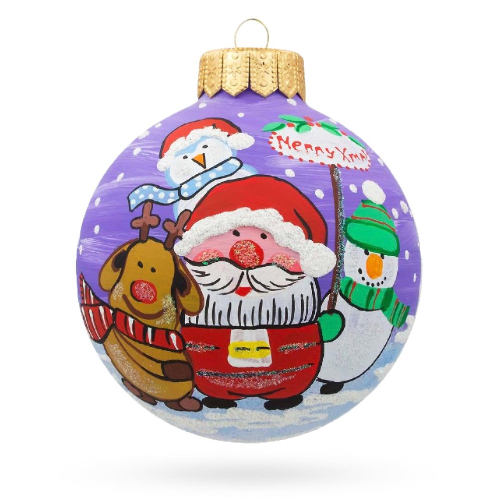 Santa, Reindeer, And Snowman Friends Blown Glass Ball Christmas Ornament 3.25 Inches  |   Personalized Ornaments Personalized