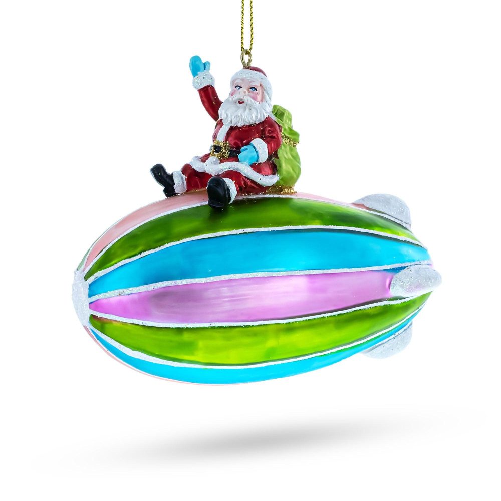 Santa Riding Aerostat Blimp Blown Glass Christmas Ornament  |   Personalized Ornaments Personalized