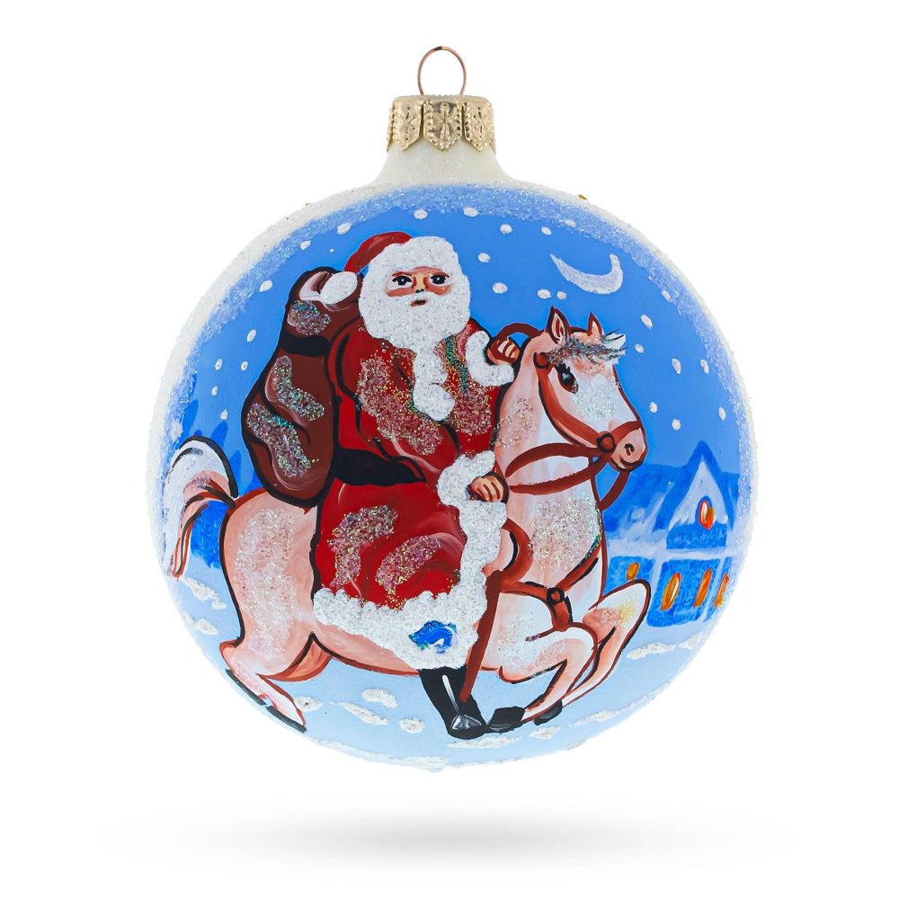 Santa Riding Horse Laden With Gifts Blown Glass Ball Christmas Ornament 4 Inches  |   Personalized Ornaments Personalized