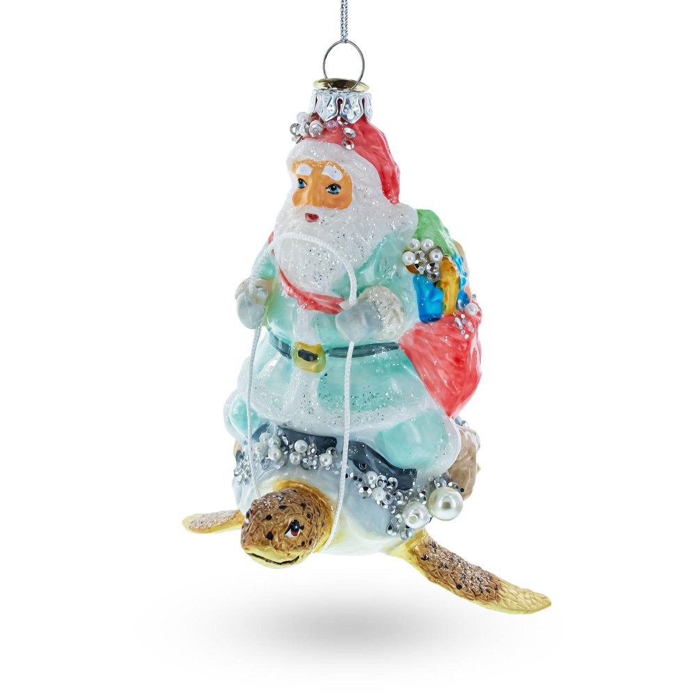 Santa Riding Turtle Blown Glass Christmas Ornament  |   Santa Ornaments Santa