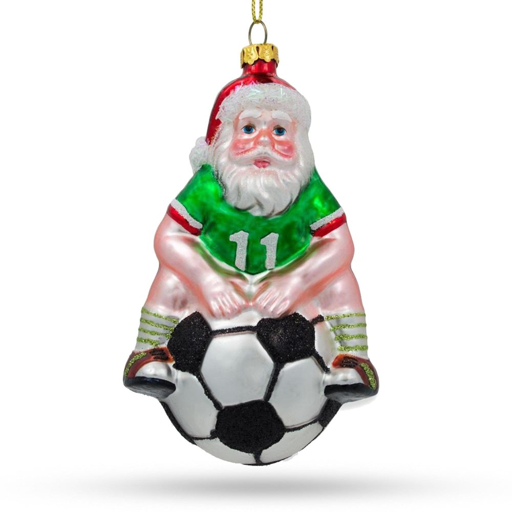 Santa Seated On Soccer Ball Blown Glass Christmas Ornament  |   Personalized Ornaments Personalized