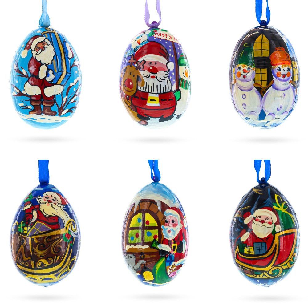 Santa, Snowman And Reindeer Delivering Gifts Wooden Christmas Ornaments 3 Inches  |   Santa Ornaments Santa