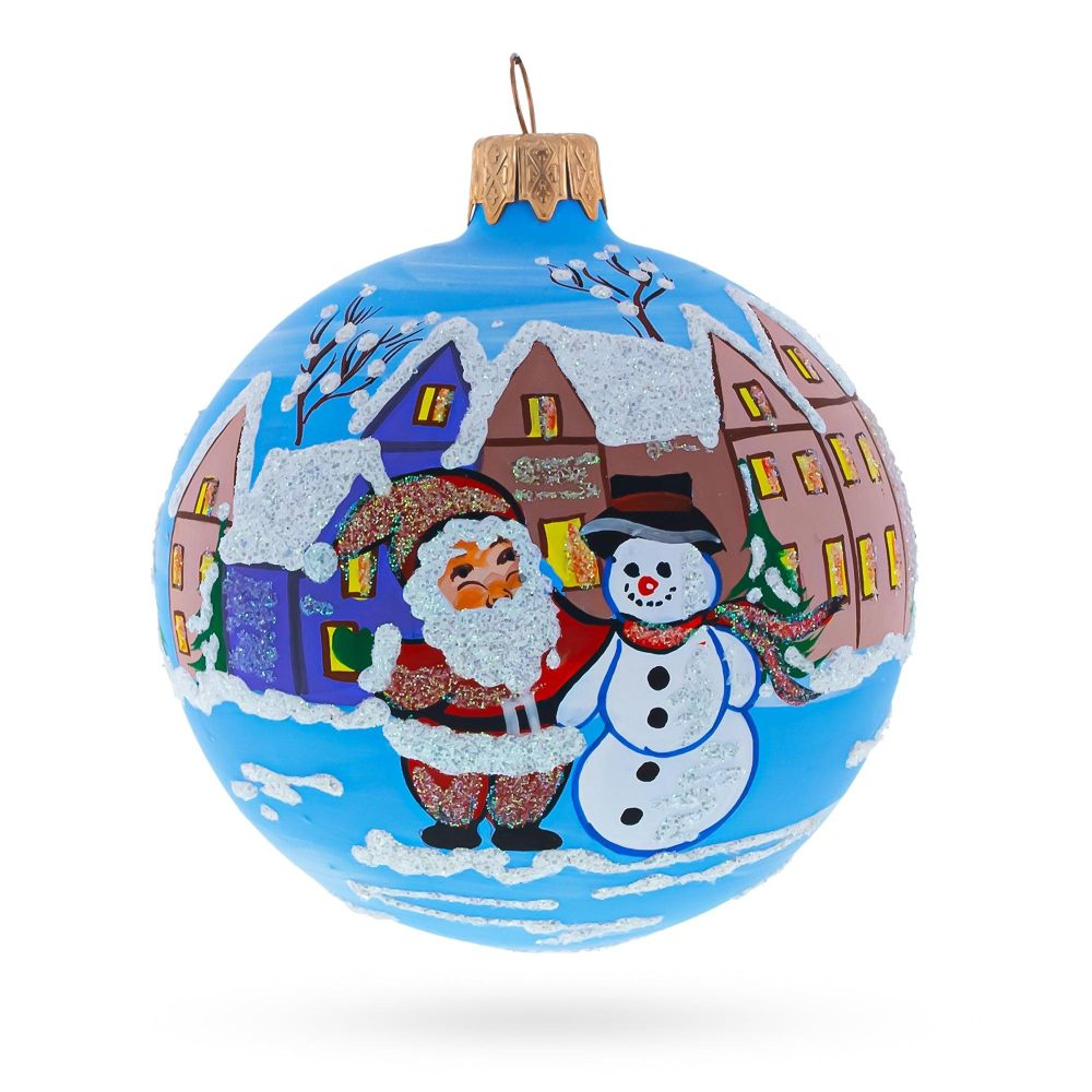 Santa & Snowman Winter Village Scene Blown Glass Ball Christmas Ornament 3.25 Inches  |   Personalized Ornaments Personalized