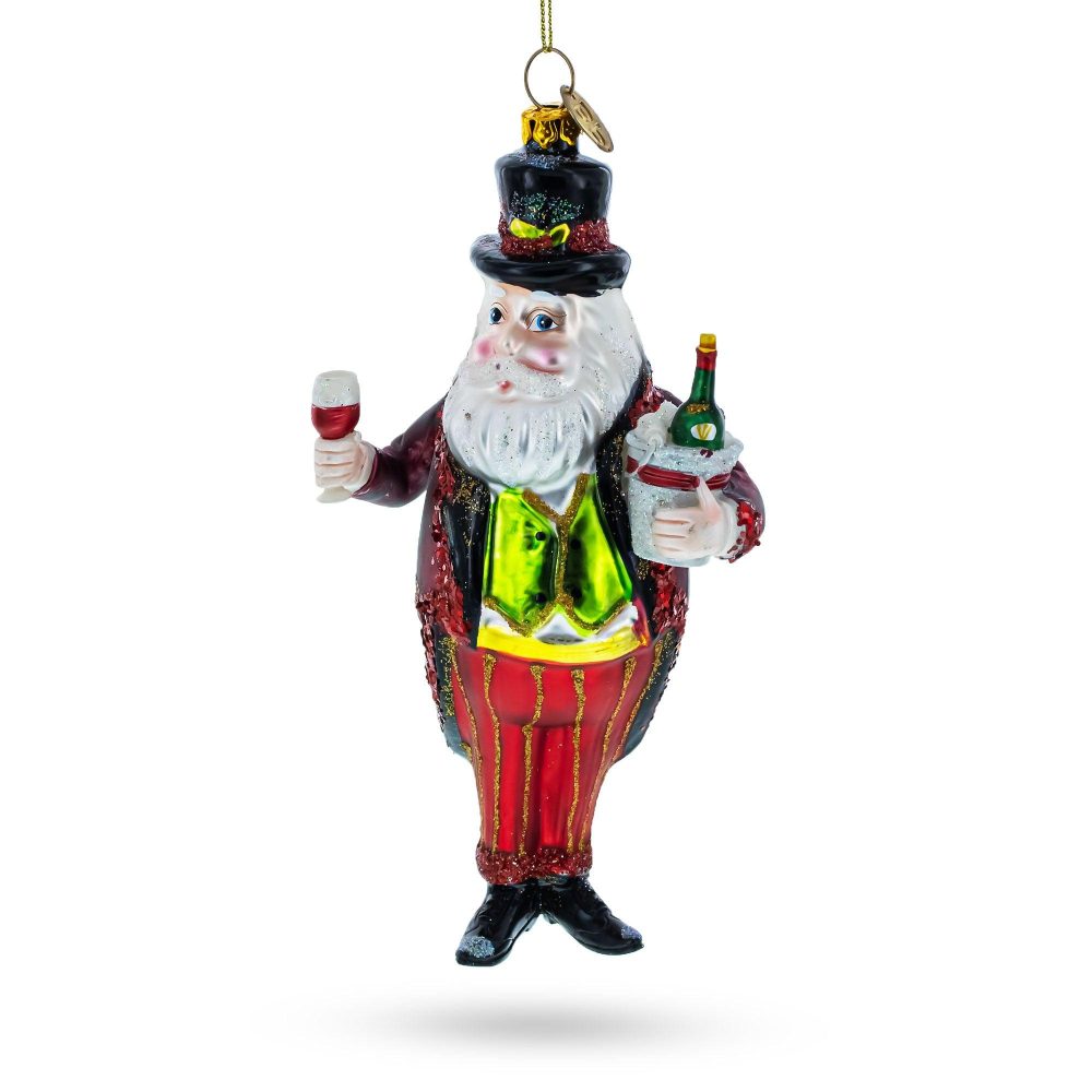 Santa Toasting With A Glass Of Red Wine Blown Glass Christmas Ornament  |   Personalized Ornaments Personalized