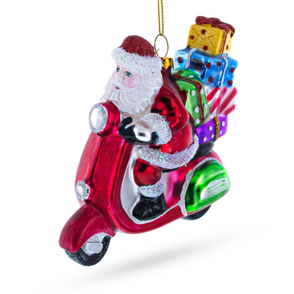 Santa Whizzing By On A Scooter With A Sack Of Gifts Glass Christmas Ornament  |   Personalized Ornaments Personalized