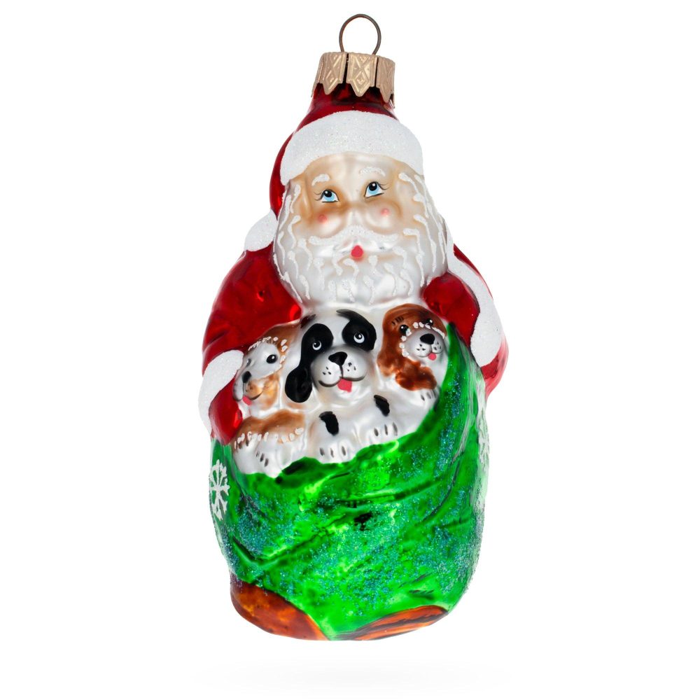 Santa With 3 Puppies Mini Glass Christmas Ornament  |   Santa Ornaments Santa