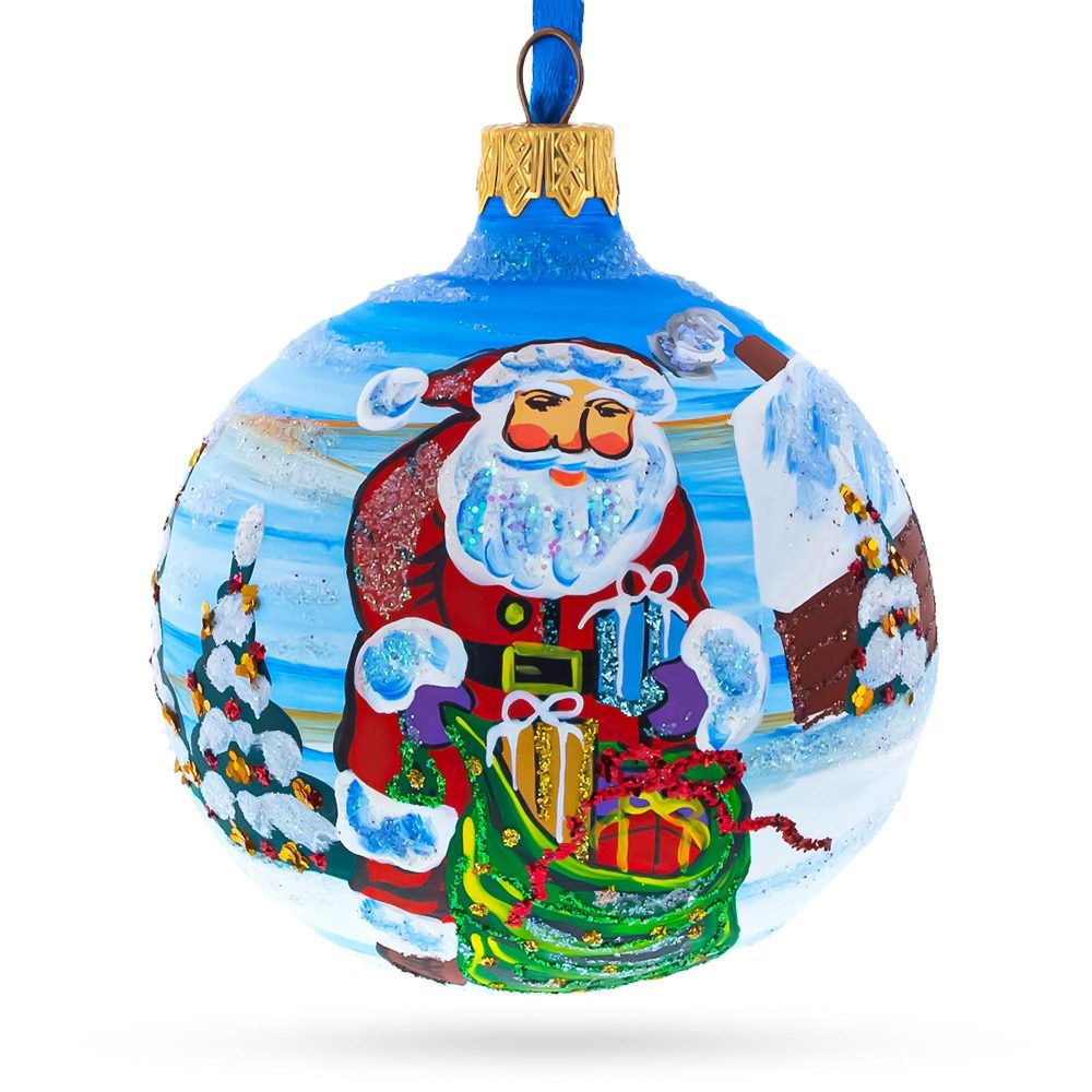 Santa With Bag Of Gifts Blown Glass Ball Christmas Ornament 3.25 Inches  |   Personalized Ornaments Personalized