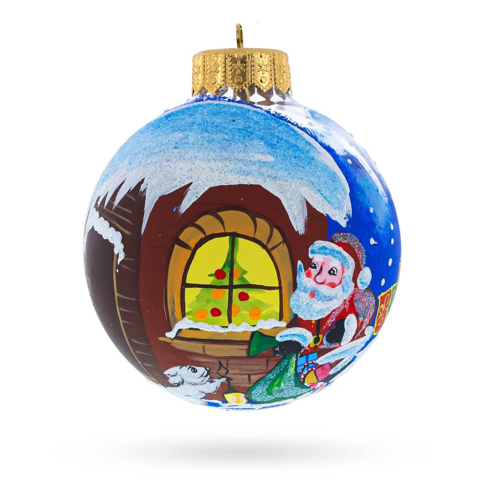 Santa’S Enchanting Christmas Night With Reindeer And Gifts Blown Glass Ball Christmas Ornament 3.25 Inches  |   Personalized Ornaments Personalized