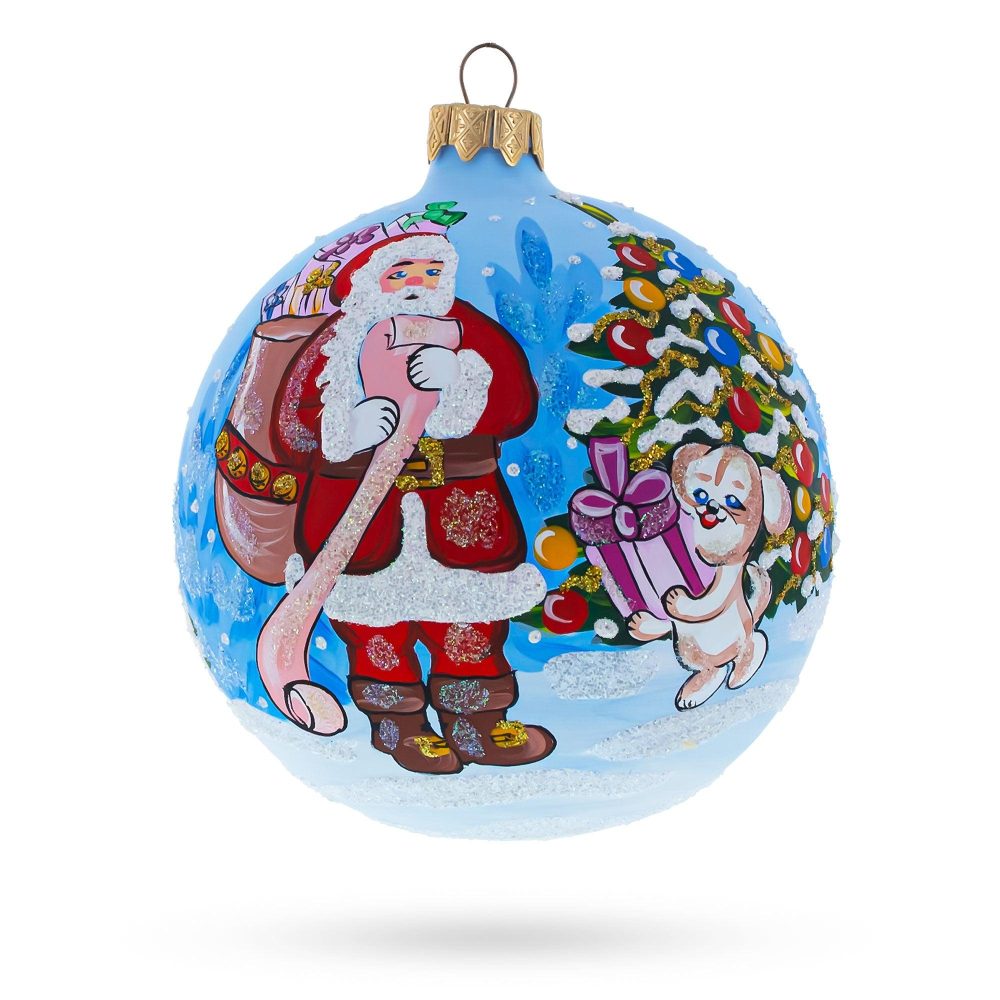 Santa’S Gift List And Loyal Dog Blown Glass Ball Christmas Ornament 4 Inches  |   Personalized Ornaments Personalized