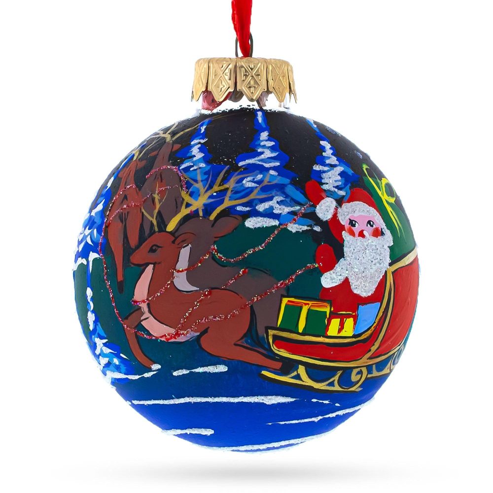 Santa’S Moonlit Sleigh Ride With Reindeer Blown Glass Ball Christmas Ornament 3.25 Inches  |   Personalized Ornaments Personalized