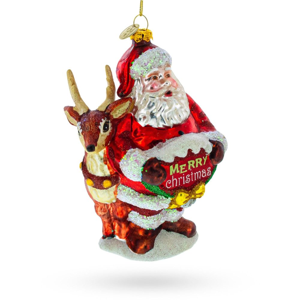 Santa’S Sleigh Ride: Santa With Reindeer Blown Glass Christmas Ornament  |   Santa Ornaments Santa