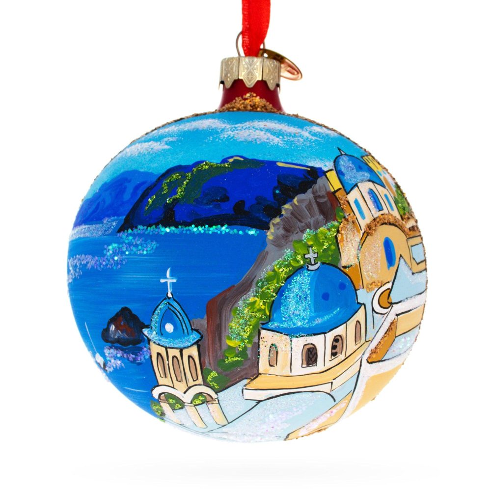 Santorini, Thira Island, Greece Glass Ball Christmas Ornament 4 Inches  |   Travel Ornaments Travel