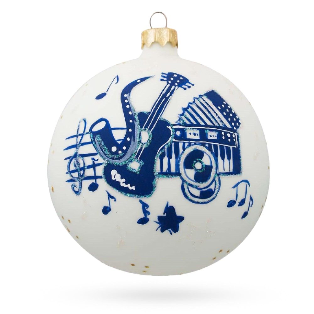 Saxophone, Guitar, Piano Blown Glass Ball Christmas Music Ornament 4 Inches  |   Music Music Music