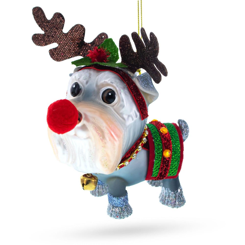 Schnauzer Wearing Reindeer Costume Glass Christmas Ornament  |   Animals Animals Animals