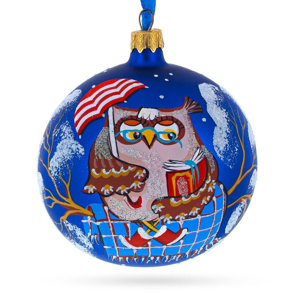 Scholarly Bird Immersed In A Book Hand-Blown Glass Ball Christmas Ornament 4 Inches  |   Animals Animals Animals