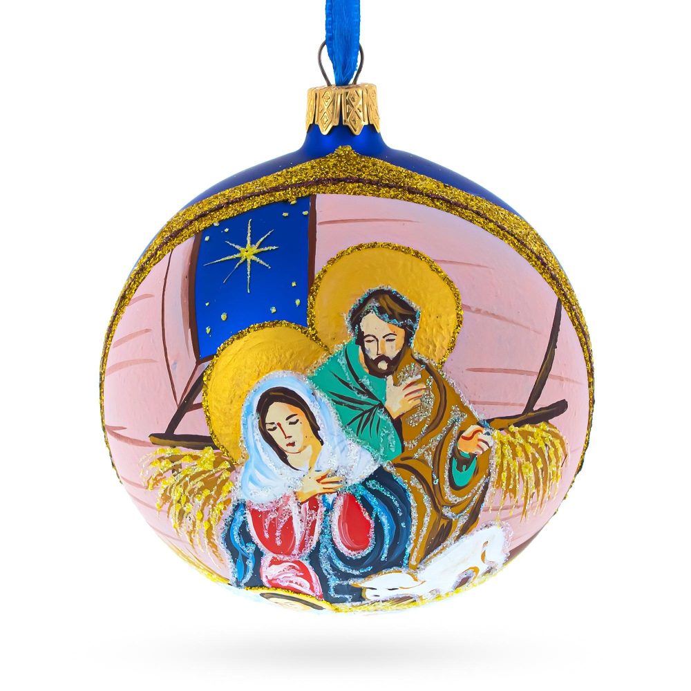 Serene Baby Jesus Sleeping Nativity Scene Blown Glass Ball Christmas Ornament 4 Inches  |   Religious Ornaments Ornaments Religious Ornaments