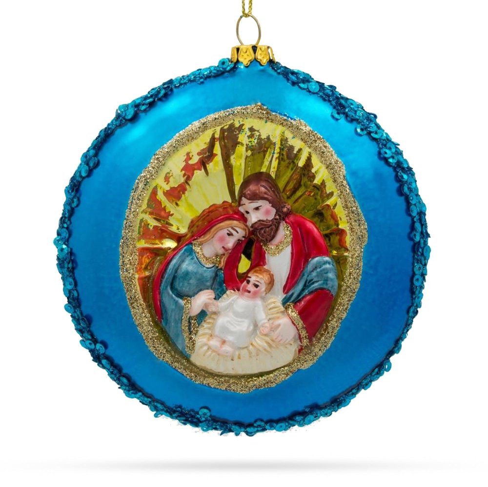 Serene Holy Family On Purple Disc Glass Christmas Ornament  |   Religious Ornaments Ornaments Religious Ornaments