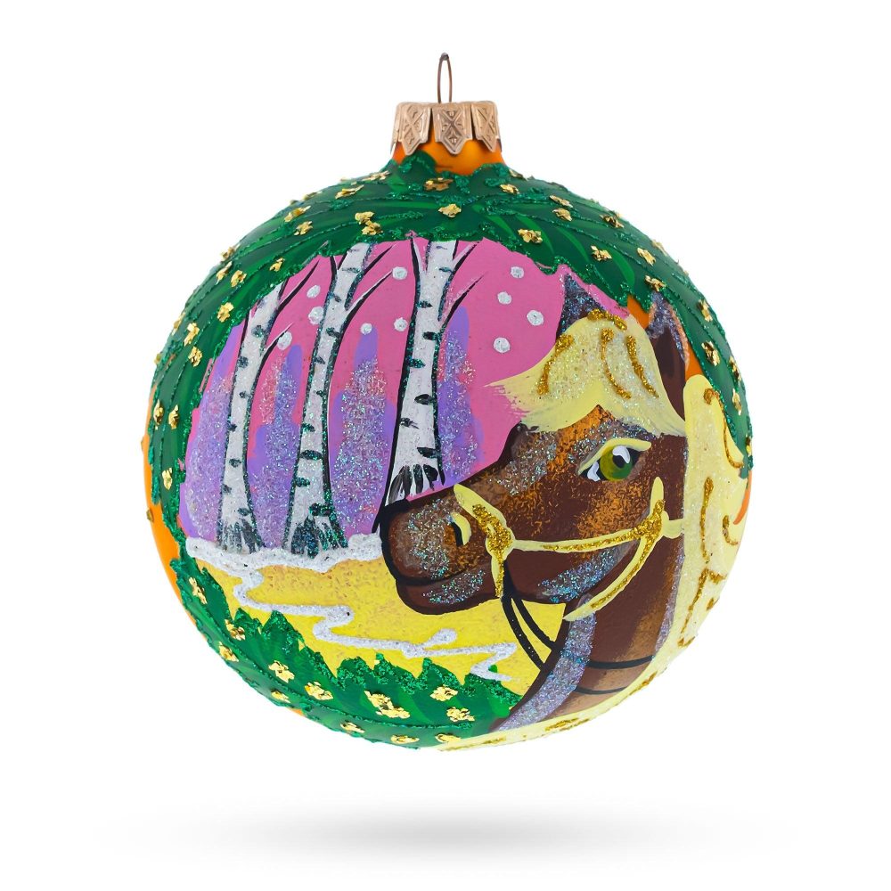 Serene Horse In The Forest Blown Glass Ball Christmas Ornament 4 Inches  |   Animals Animals Animals