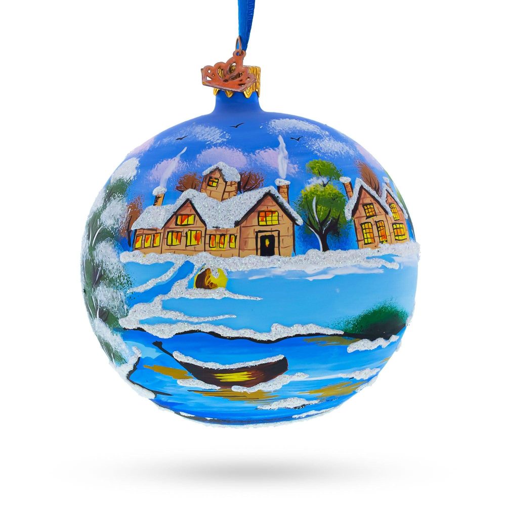 Serene Winter Village Scene With Lake Blown Glass Ball Christmas Ornament 4 Inches  |   Personalized Ornaments Personalized