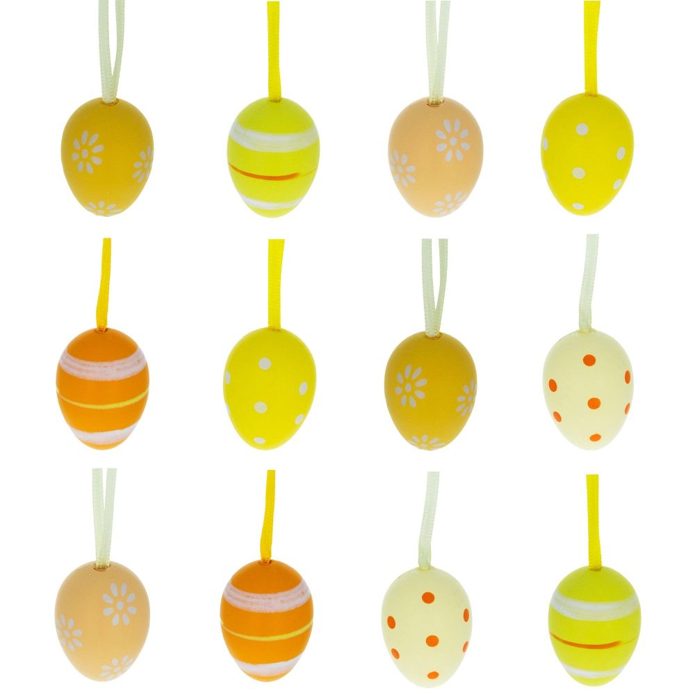 Set Of 12 Miniature Pastel Yellow Polka Dot, Flowers, Stripes Plastic Easter Egg Ornaments 1.5 Inches  |   Egg Ornaments Egg Ornaments Egg Ornaments