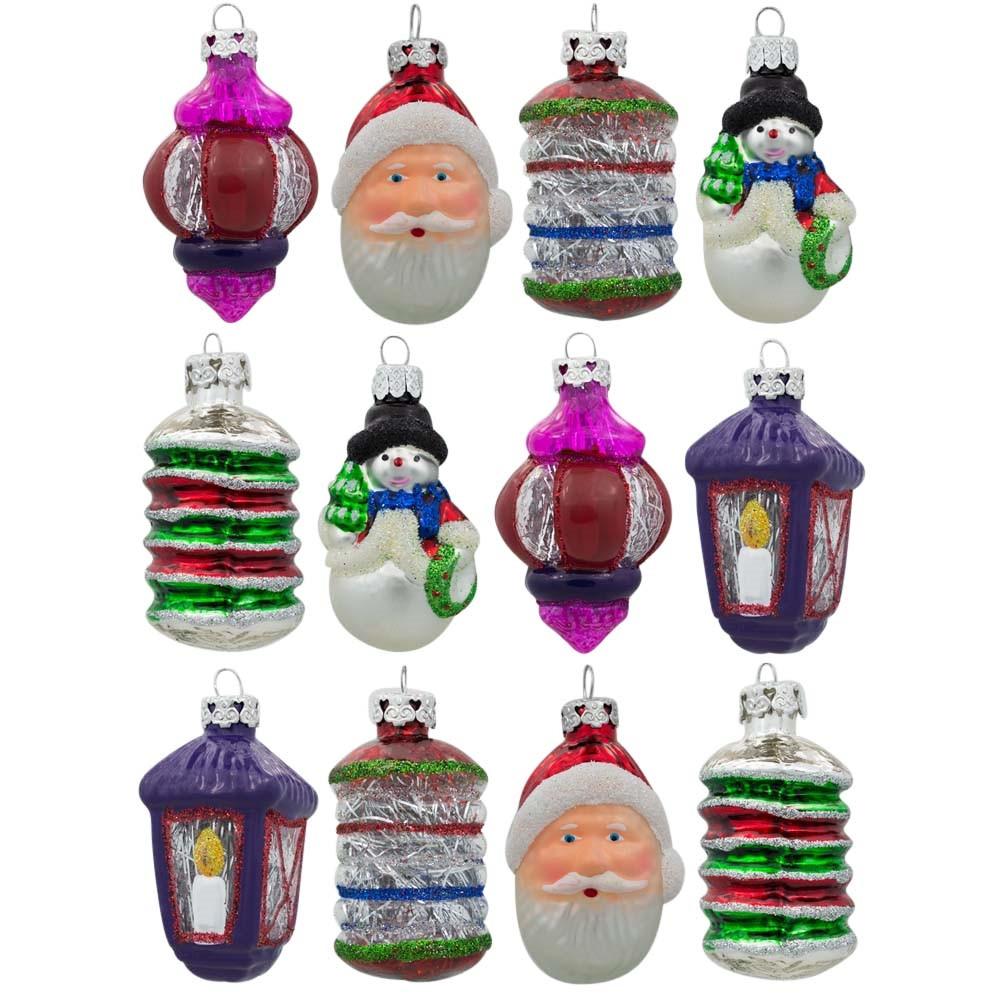 Set Of 12 Santa, Snowman And Lantern Christmas Glass Ornaments 2.5 Inches  |   Santa Ornaments Santa