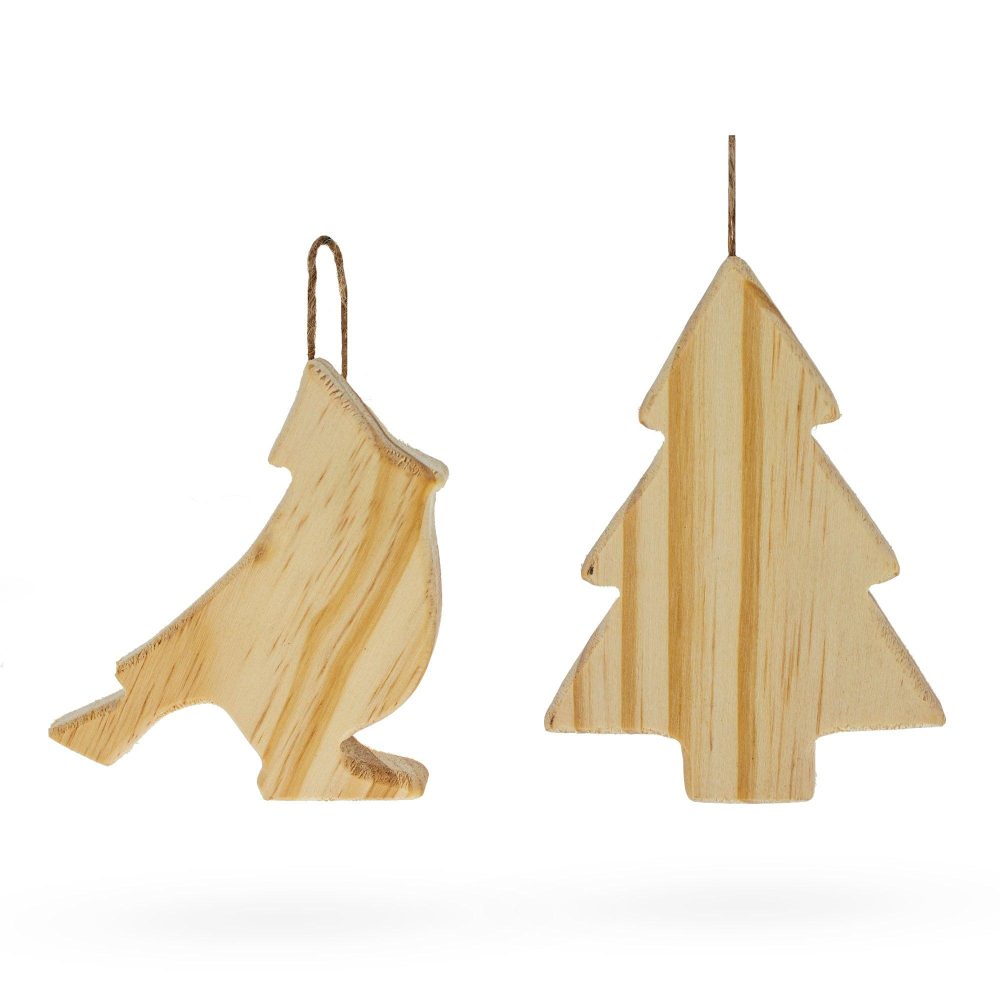 Set Of 2 Unfinished Unpainted Wooden Bird And Christmas Tree Ornaments Cutouts Diy Craft 4.5 Inches  |   Unfinished Ornaments Ornaments Unfinished Ornaments